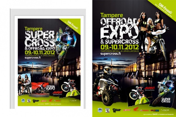 Vertailun vuoksi vasemmalla puolella lajiryhmän sivuilla alunperin ollut muokattu versio Tampereen supercrossin mainoksesta ja oikealla puolella kilpailun aito mainos.